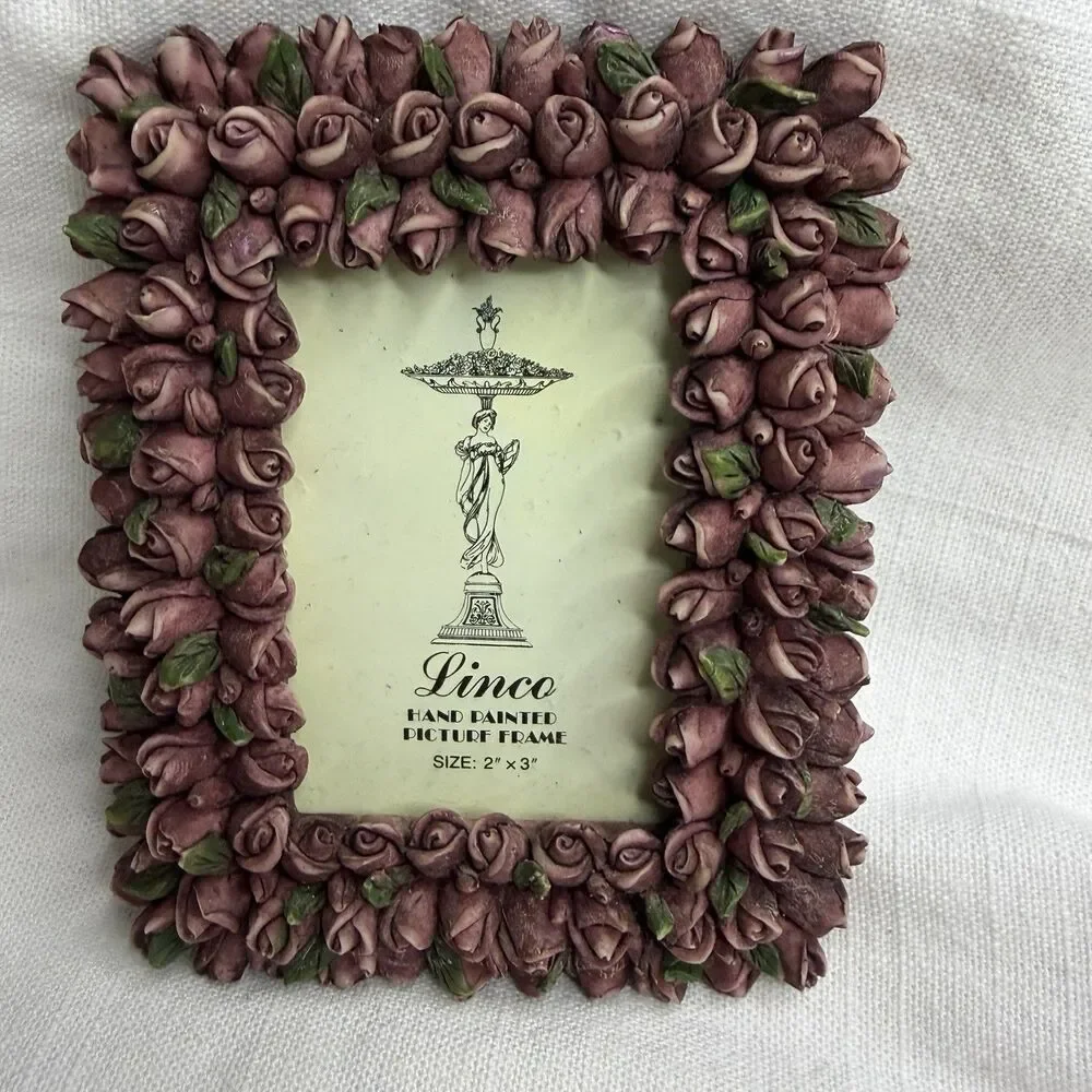 Vintage Linco Hand Painted 2” x 3” Detailed Floral Rose Cottage Picture Frame